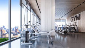Modern gym interior with city view, 3d rendering